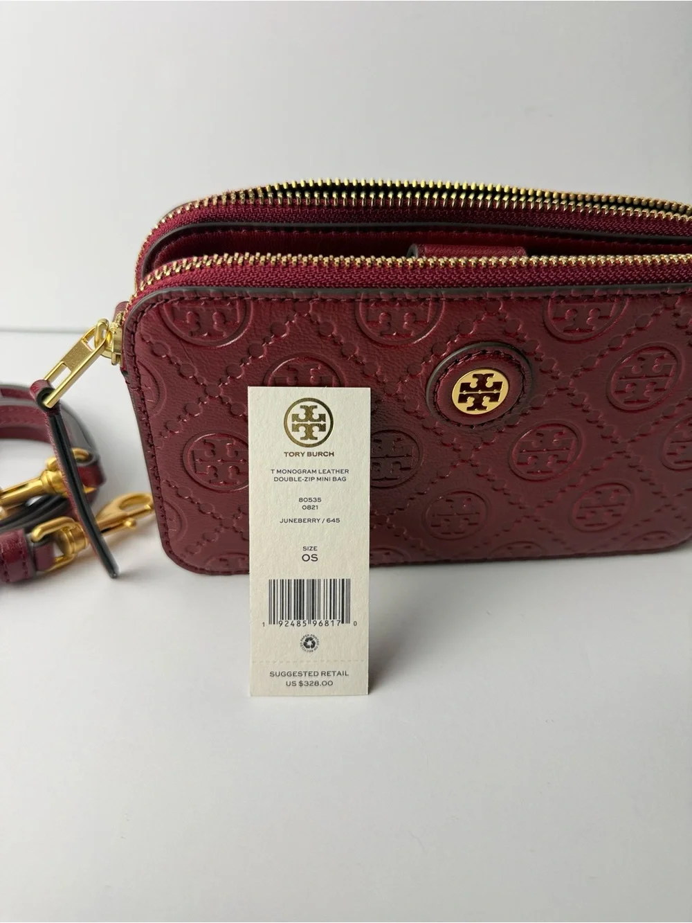 Tory Burch T Monogram Leather Double-Zip Mini Bag Juneberry Red Gold Hardware